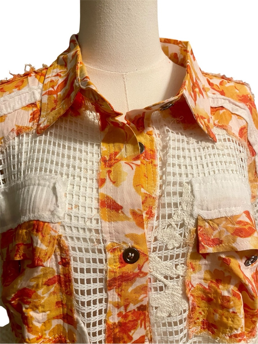 POL Floral Crochet Patchwork Button Down Top Boho Lace Gauze Shirt M NWT - Picture 8 of 12